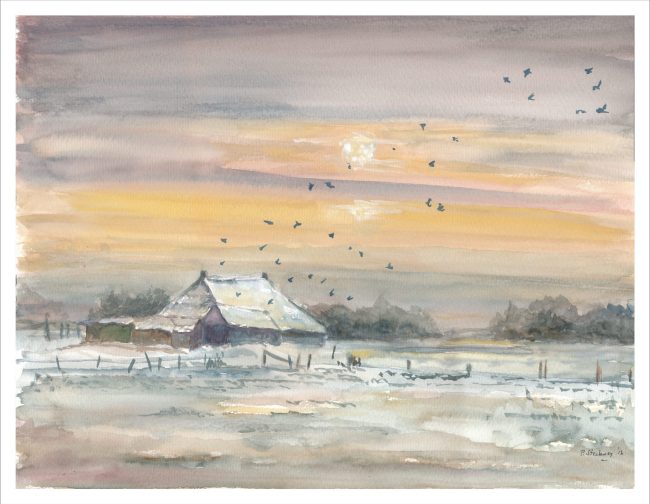 Winterlandschap met Raven, aquarel 40 x 30 cm.